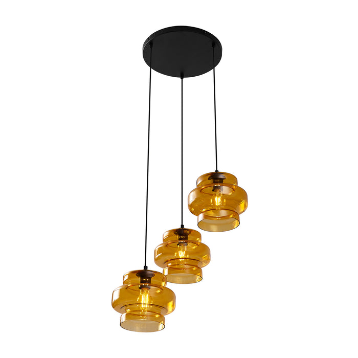 QAZQA Retro hanglamp zwart met oranje glas 3-lichts - Denise