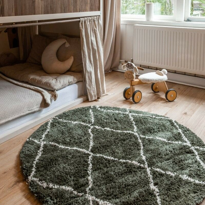 Interieur05 Vloerkleed Berber Kriskros Groen|Wit Rond 120cm