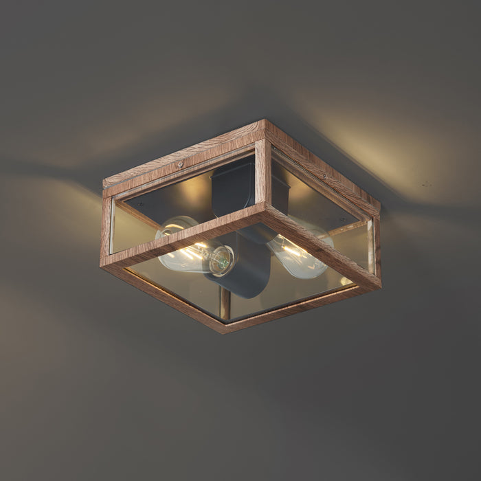 QAZQA Industriële plafondlamp hout print IP44 2-lichts - Charlois