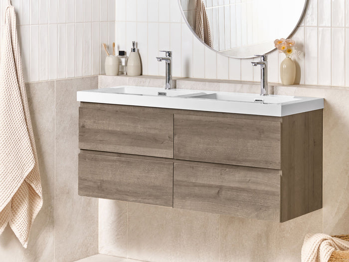 Beliani - VIEDMA - Wandgemonteerde dubbele wastafelkast - Taupe - MDF