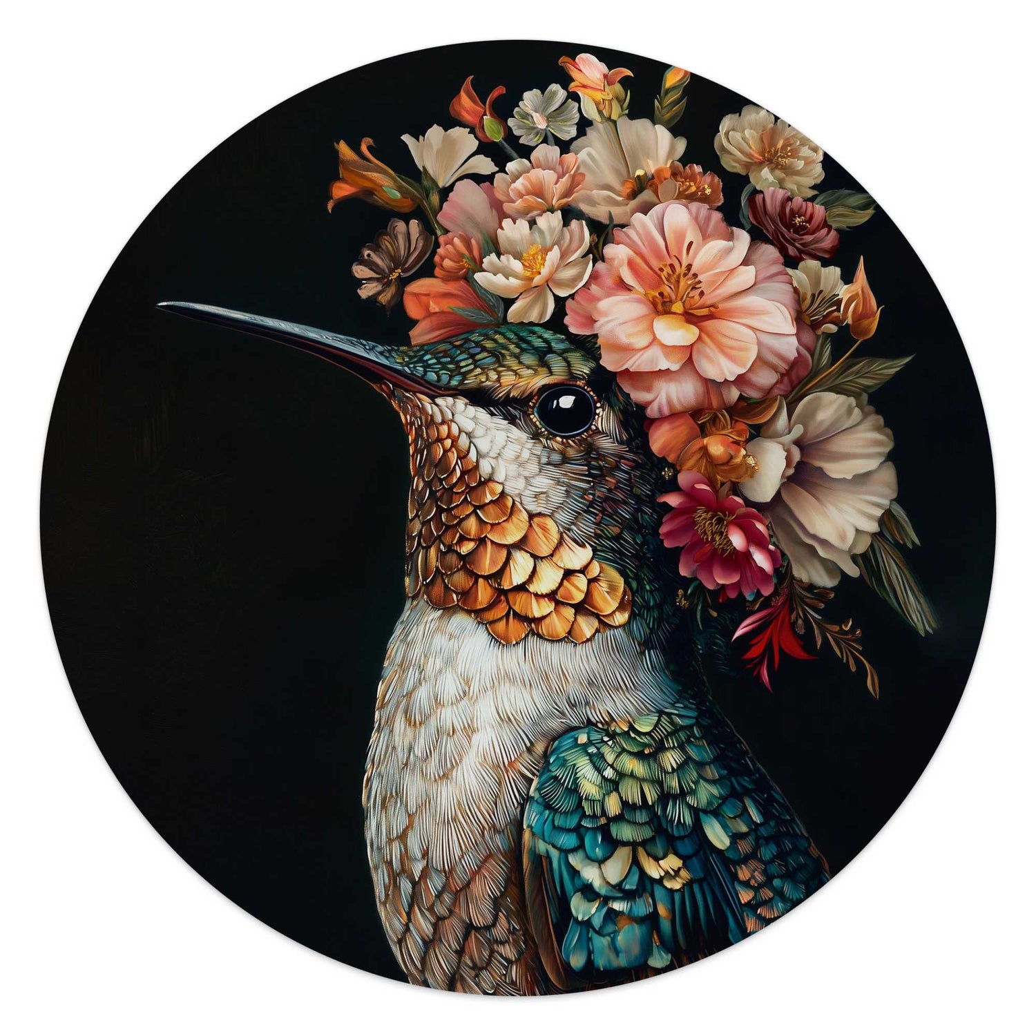 Reinders - Kolibrie met bloemenkroon - Glasschilderij Ø 50 cm - Bont