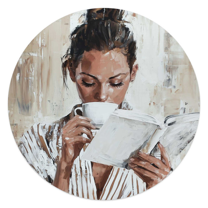 Reinders - Ochtendkoffie met een Boek I - Glasschilderij Ø 50 cm - Beige