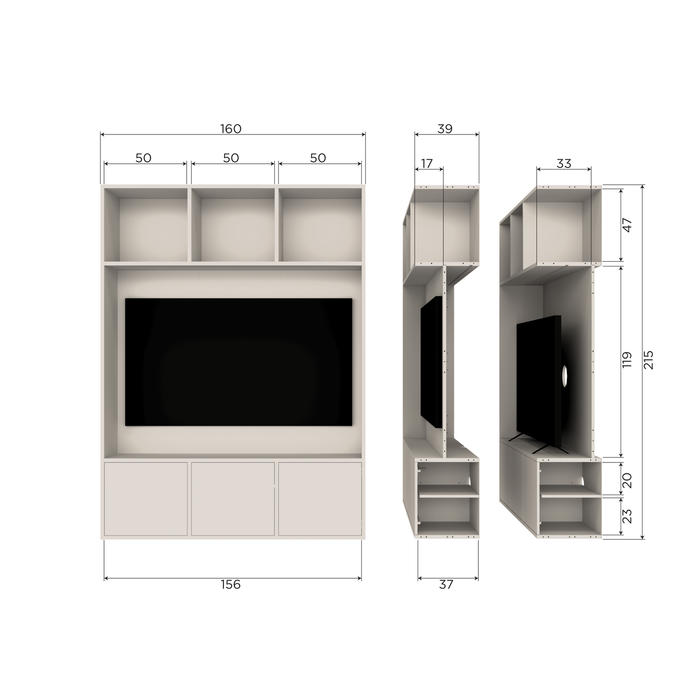 WOOOD Meggy Tv Opbergkast - Grenen hout - Dust|Grijs - 215x160x40