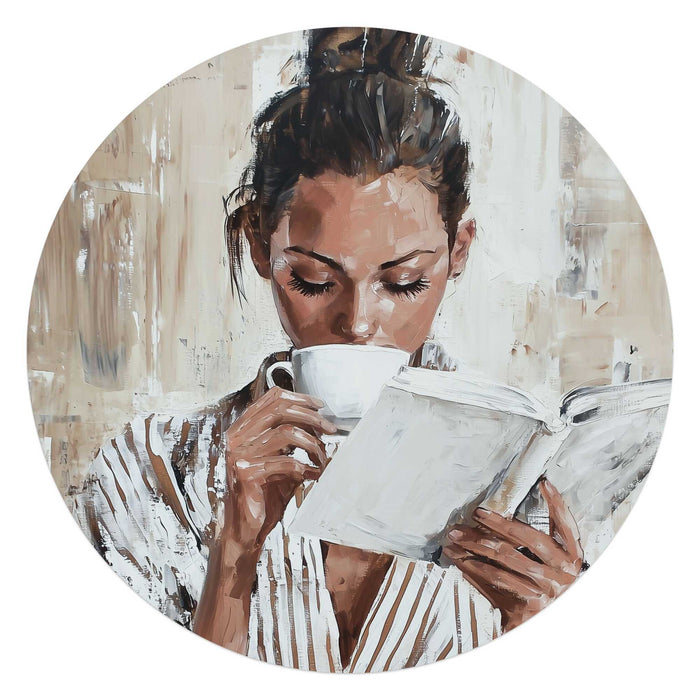 Reinders - Ochtendkoffie met een Boek I - Glasschilderij Ø 70 cm - Beige