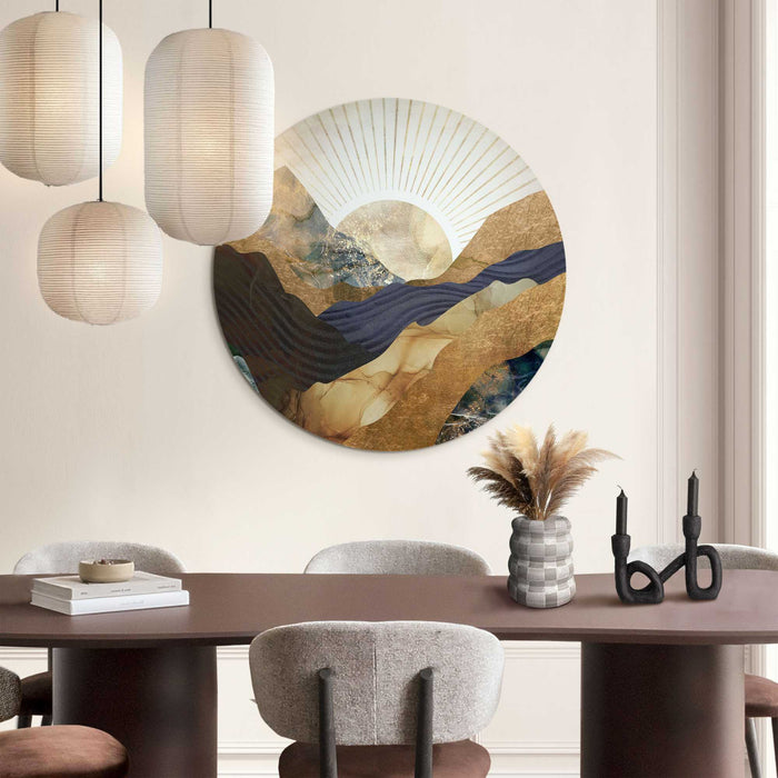 Reinders - Zon en bergen - Glasschilderij Ø 70 cm - Goudkleurig