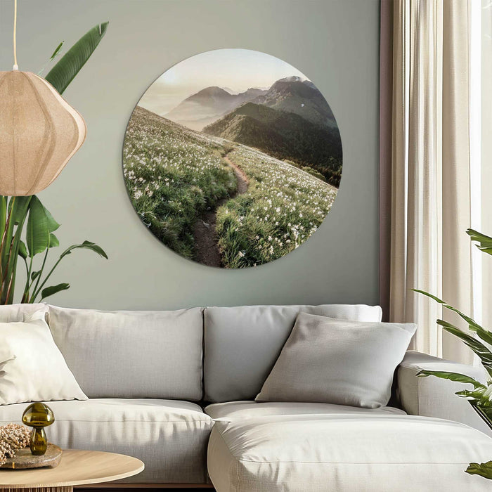 Reinders - Bergbloei in de ochtendzon - Glasschilderij Ø 70 cm - Groen