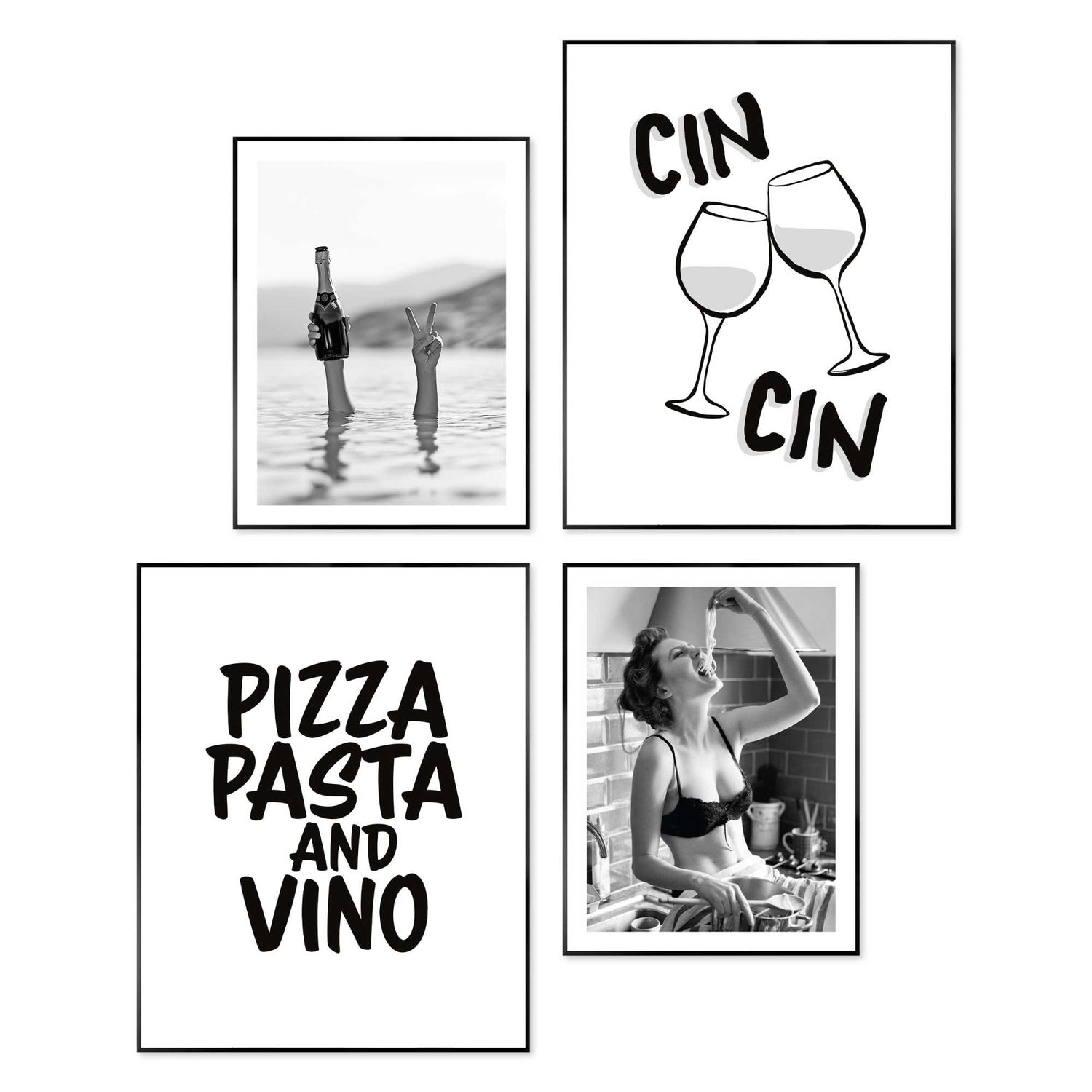 Reinders - Pizza, pasta en wijn - Wanddecoratieset in verschillende formaten 40x50 cm - Zwart-Wit