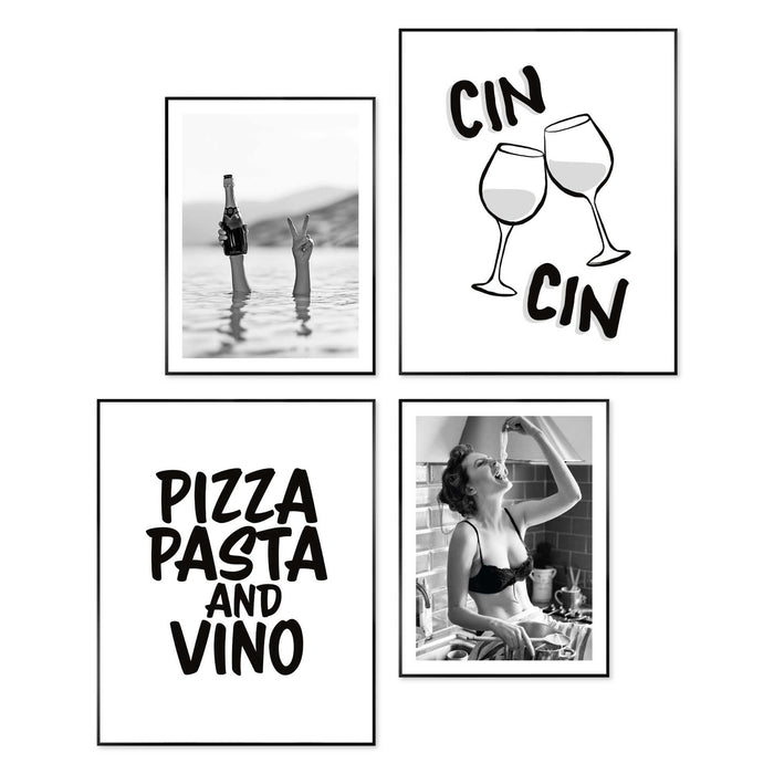 Reinders - Pizza, pasta en wijn - Wanddecoratieset in verschillende formaten 40x50 cm - Zwart-Wit