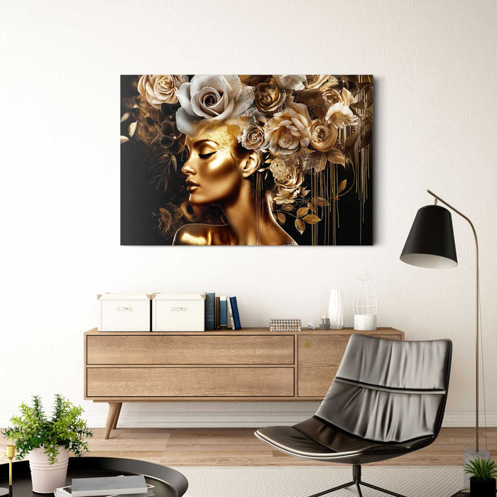 Reinders - Golden Flower Lady - Glasschilderij 116x78 cm - Goudkleurig
