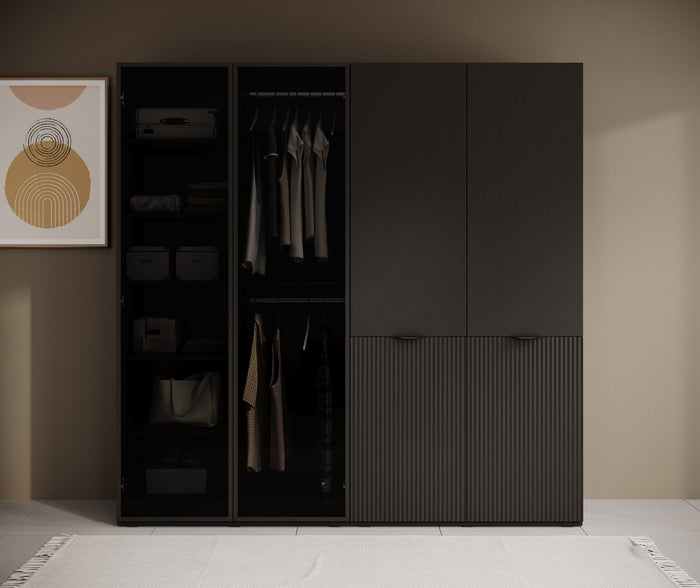 Meubella - Kledingkast Shelton - Zwart 3 - 202 cm - Met glas