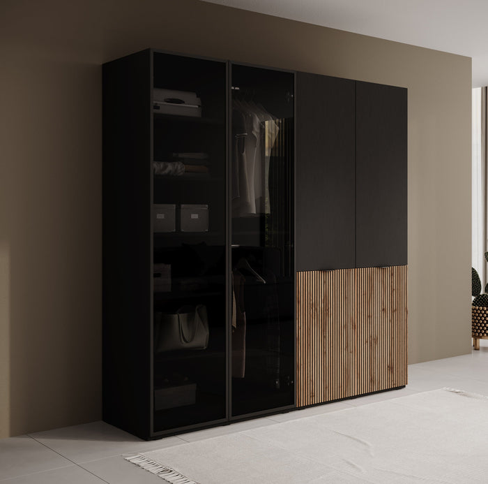 Meubella - Kledingkast Shelton - Zwart 2 - 202 cm - Met glas