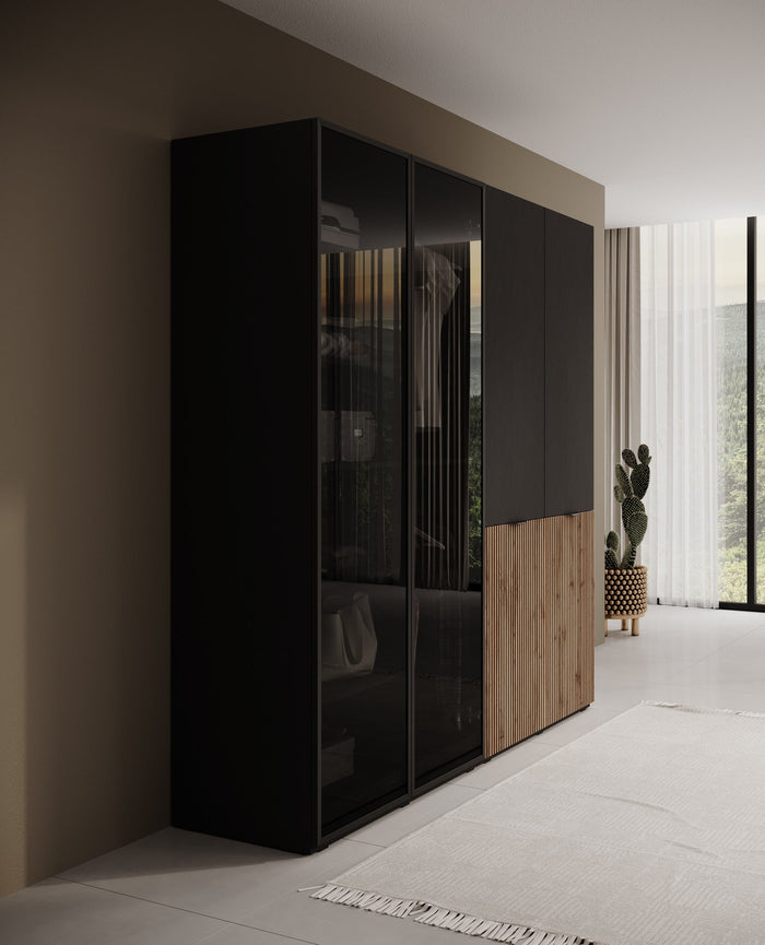 Meubella - Kledingkast Shelton - Zwart 2 - 202 cm - Met glas