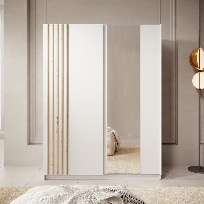 Meubella - Kledingkast Boets - Wit - Eiken - 150 cm - Met spiegel