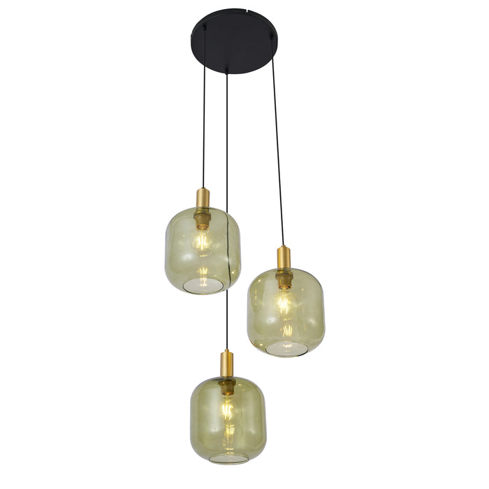 QAZQA Hotel Chique hanglamp zwart met goud en groen glas 3-lichts -