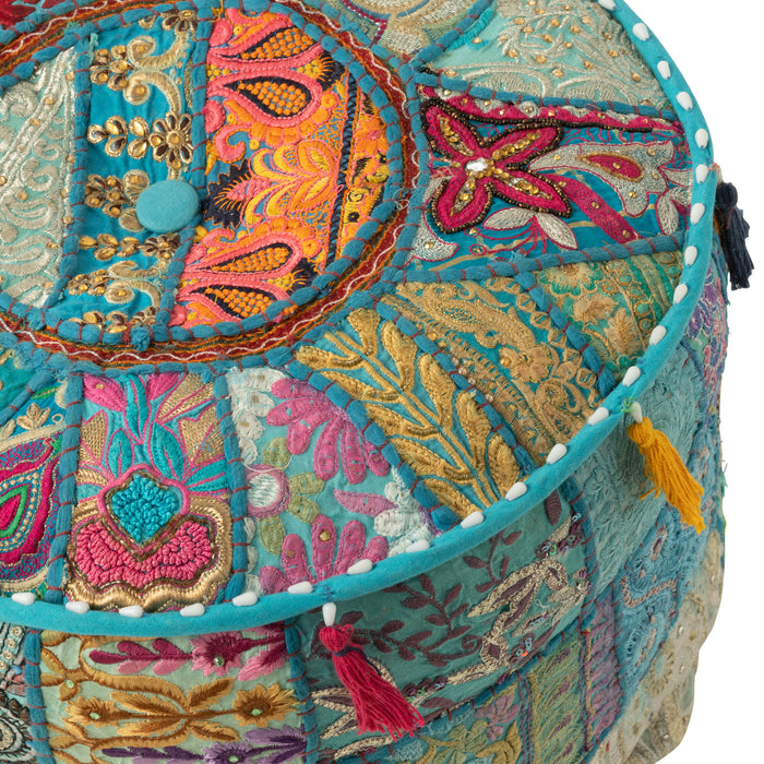 J-Line poef rond patronen + kwasten - katoen - blauw