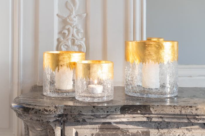 J-Line windlicht crackle - glas - transparant|goud - medium
