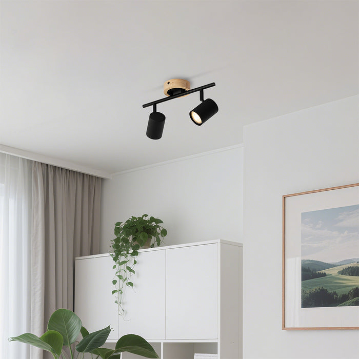 QAZQA Moderne spot zwart met hout kantelbaar 2-lichts - Jeana