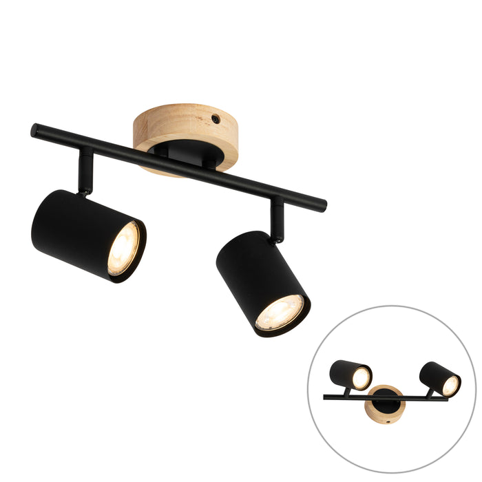 QAZQA Moderne spot zwart met hout kantelbaar 2-lichts - Jeana
