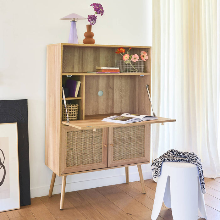 sweeek - 2-deurs schrijftafel met legplanken, hout- en rotan effect
