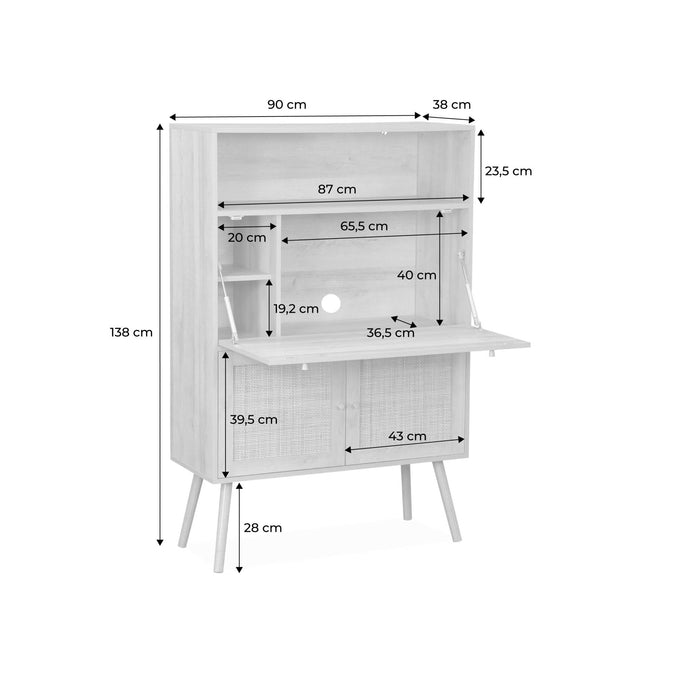 sweeek - 2-deurs schrijftafel met legplanken, hout- en rotan effect