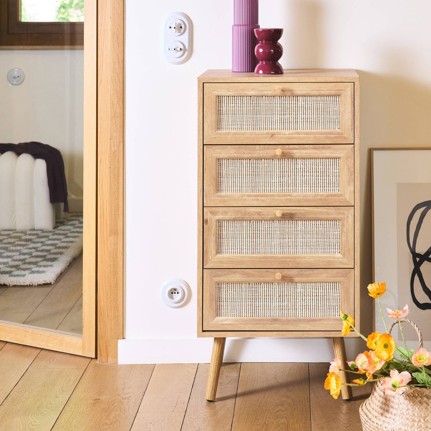 sweeek - Ladekast 4 lades effect hout en rotan