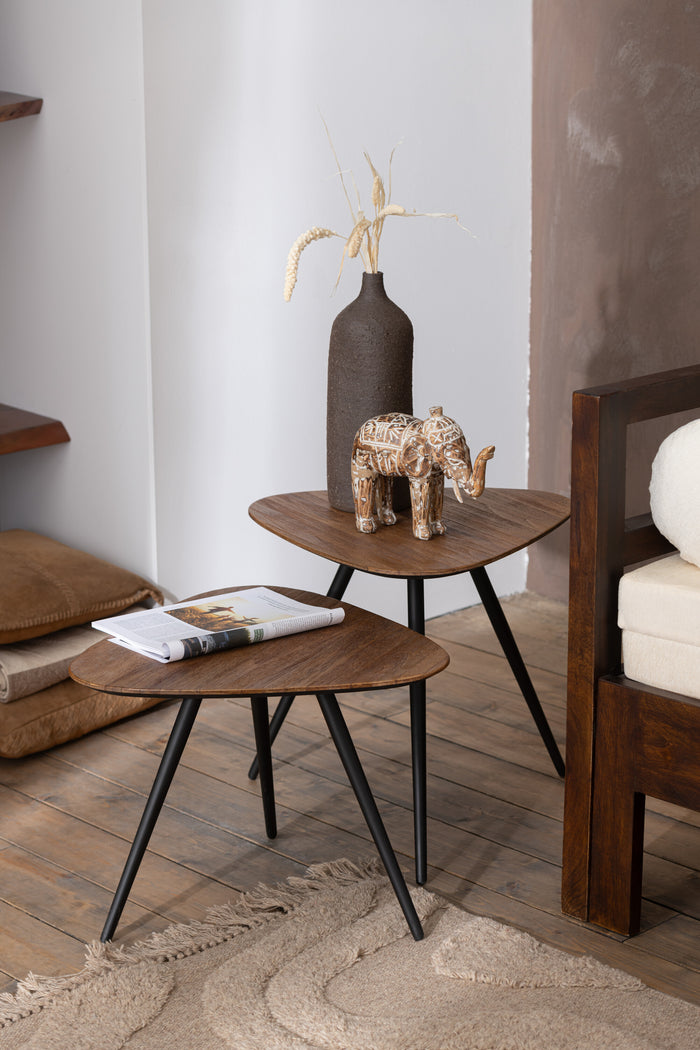 J-Line tafel Driehoek - hout|glas - naturel - set van 2