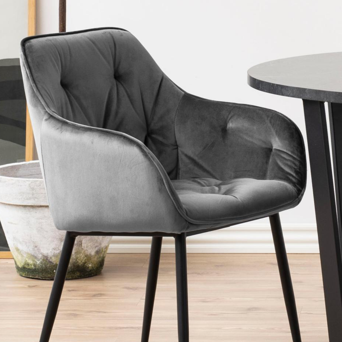 Moala Eetkamerstoel - Set Van 2 - Fluweel Grijs Met Mat Zwarte Poten