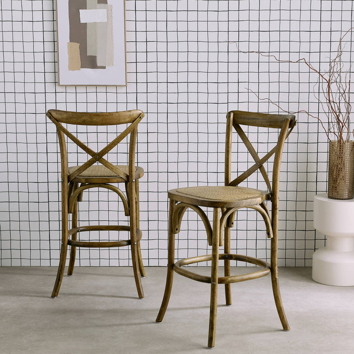 sweeek - Vintage rubberhouten bistro barkrukken met voetensteun (set