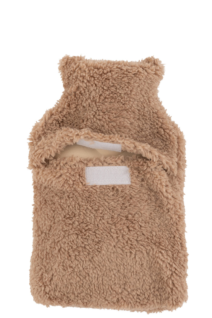J-Line warmwaterkruik teddy + pompons - polyester - lichtbru