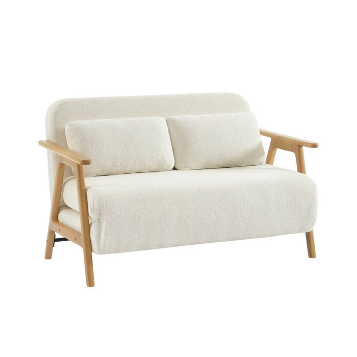 sweeek - Slaapbank 2-zits rubberhout naturelkleurig en bouclé-stof