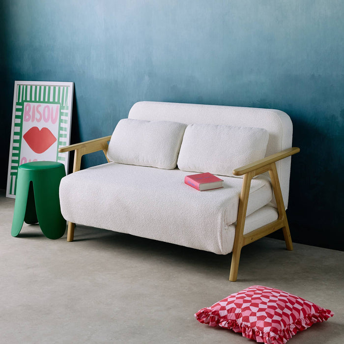 sweeek - Slaapbank 2-zits rubberhout naturelkleurig en bouclé-stof