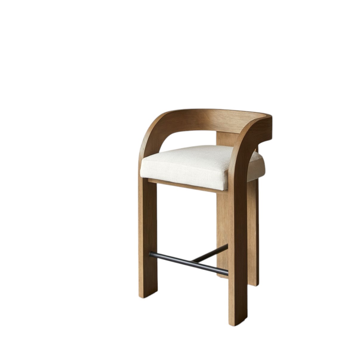 Tikamoon - Barstoel in massief mindihout en ecru stof met linnenlook …