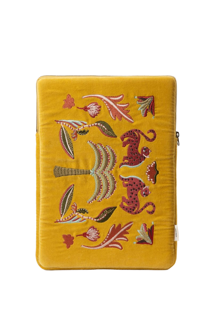 Sissy-Boy Donkergele velvet laptophoes met embroidery