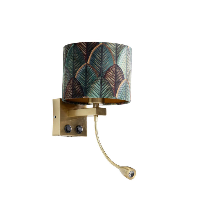 QAZQA Wandlamp brons met velours lampenkap blad dessin met gouden