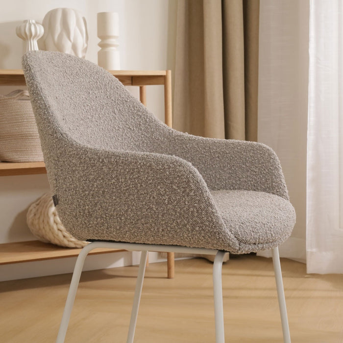 Nolon Nora-Mae Eetkamerstoel Bouclé Taupe - Armleuning - Witte Poten