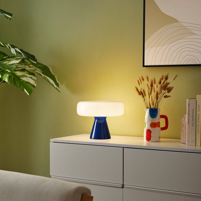 QAZQA Retro tafellamp blauw met wit - Knop