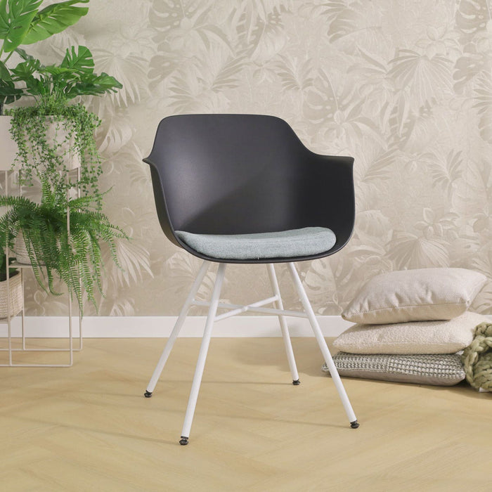 Nolon Noa-Liz Eetkamerstoel Zwart - Zacht Groen Kussen - Witte Poten