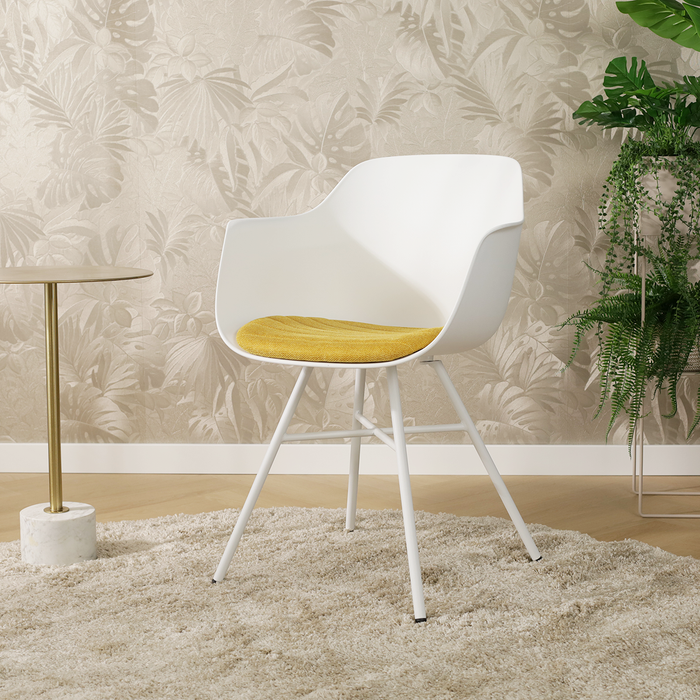 Nolon Noa-Liz Eetkamerstoel Wit - Okergeel Kussen - Witte Poten