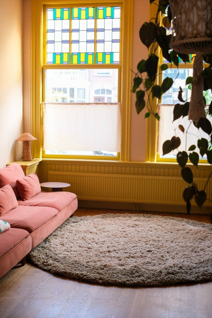 Rond hoogpolig vloerkleed Pilo groen|beige polyester Interieur05