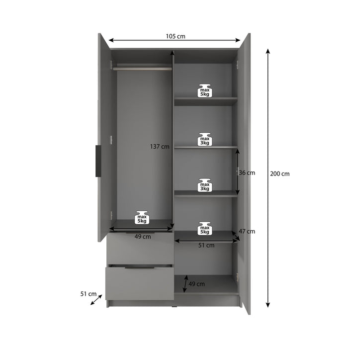 Meubella - Kledingkast Nairobi - Antraciet - Eiken - 105 cm