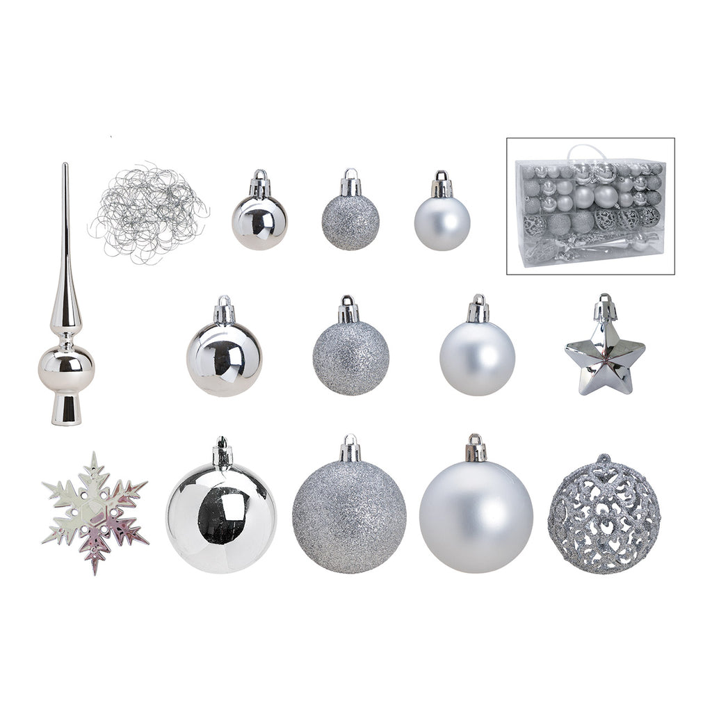 SVJ Kerstballen 3|4|6 cm - 12x36x23 cm - Kunststof - Zilver - Set van 111