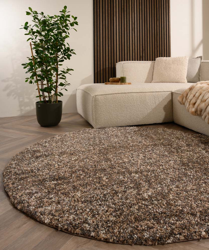 Tapeso Rond hoogpolig vloerkleed - Blend beige|grijs - 160 cm