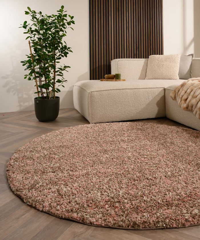 Tapeso Rond hoogpolig vloerkleed - Blend roze|beige - 160 cm