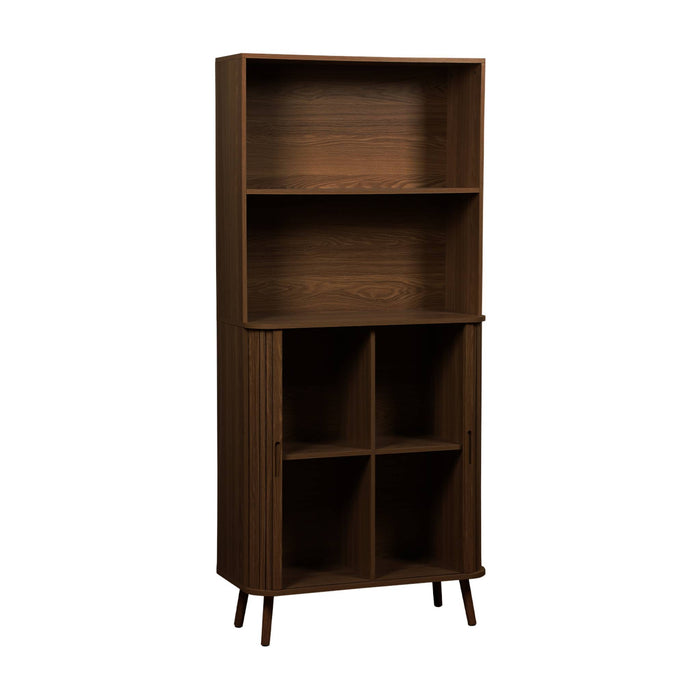 sweeek - Boekenkast gegroefd houteffect 2 schuifdeuren 4 niveaus