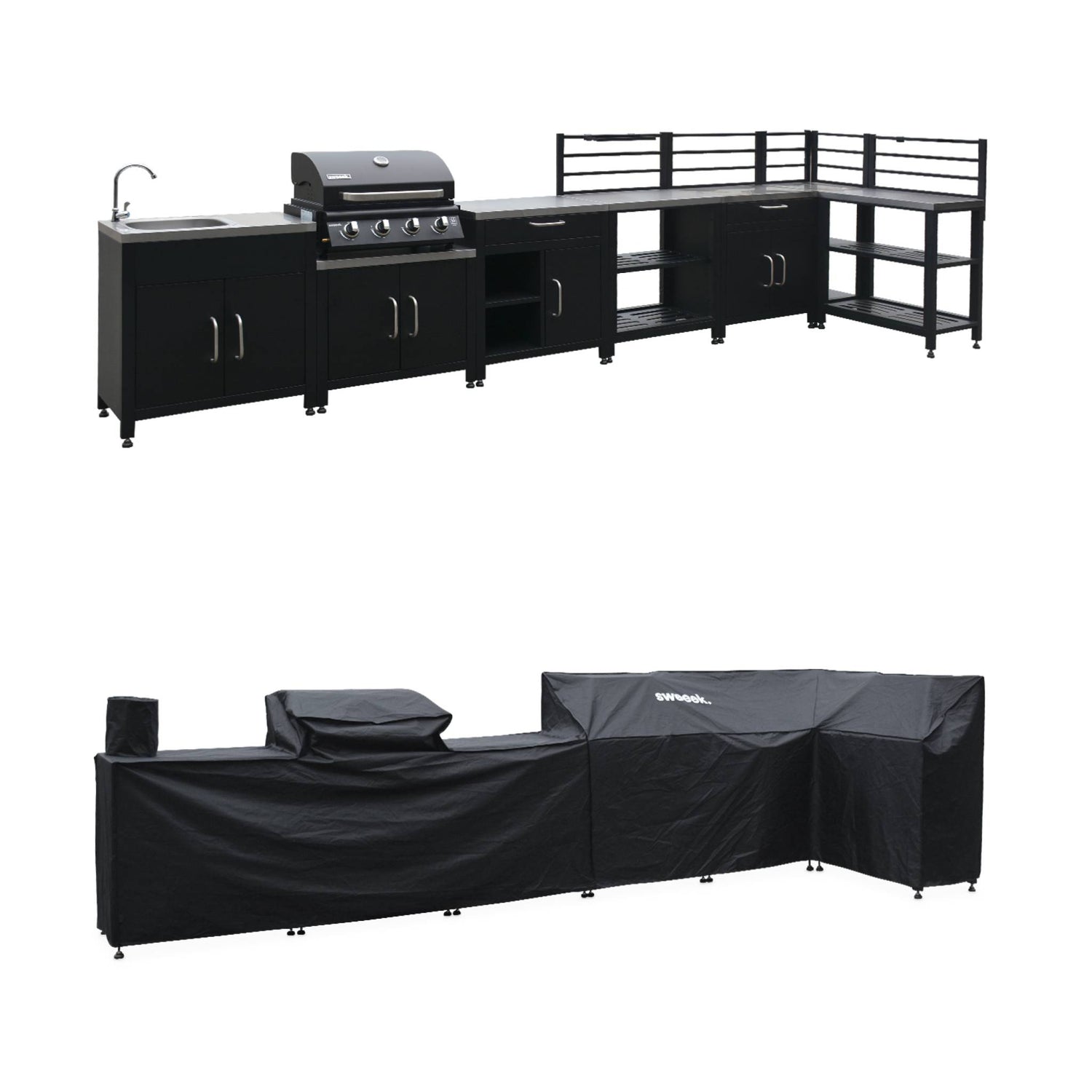 sweeek - Buitenkeuken 7 modules roestvrij staal met gasbarbecue met