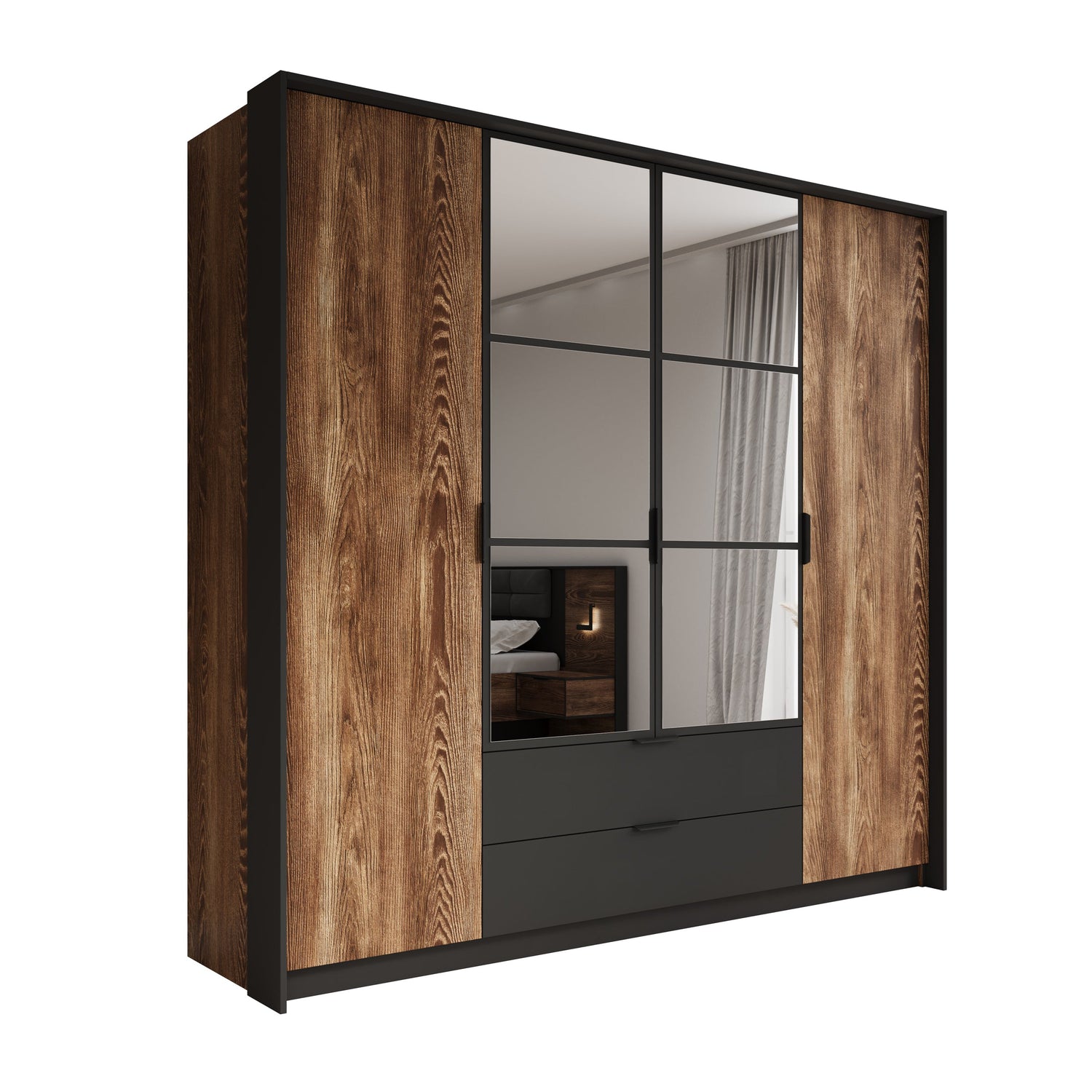 Meubella - Kledingkast Mulvey - Eiken - Antraciet - 220 cm- Spiegel