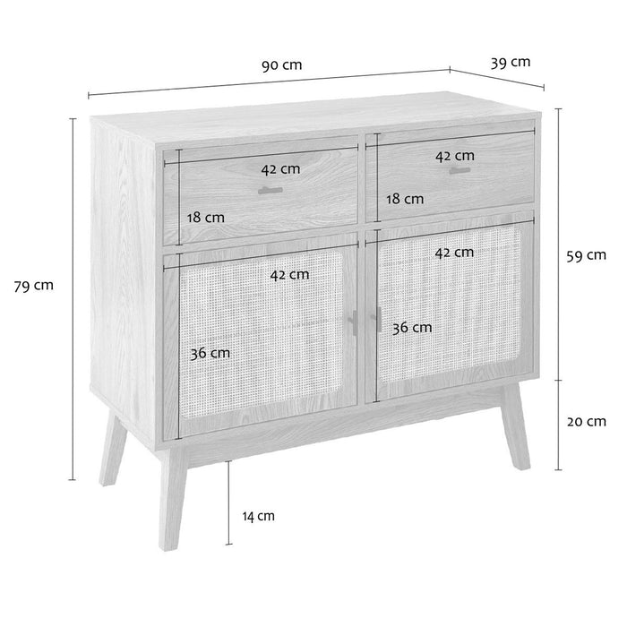 Calicosy - Ladekast 2 deuren rotan 2 laden ALIA - L90 cm