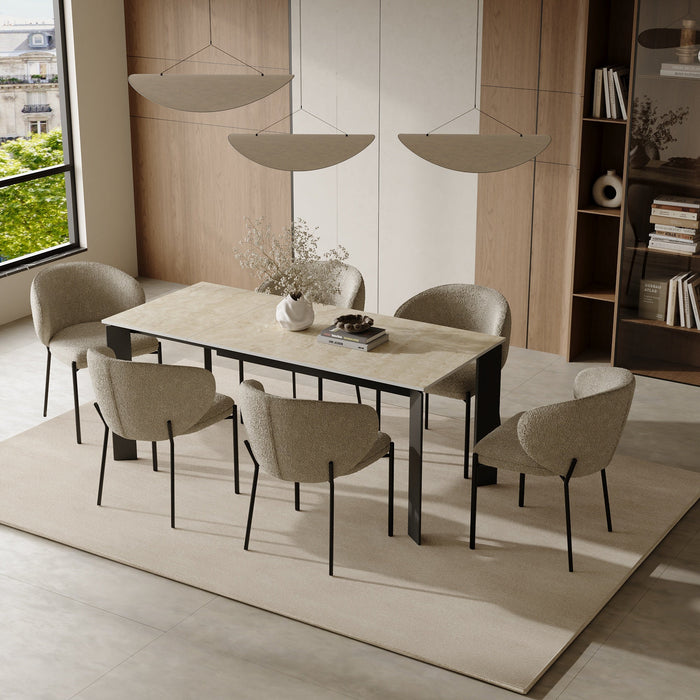 6-8 persoons uitschuifbare tafel in travertin met zwarte poten 140cm