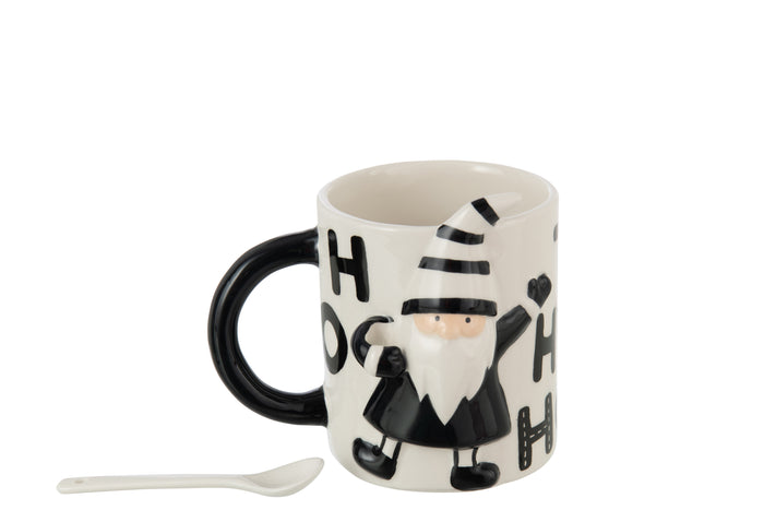 J-Line mok + lepel Kerstman Dolomiet - keramiek - wit|zwart