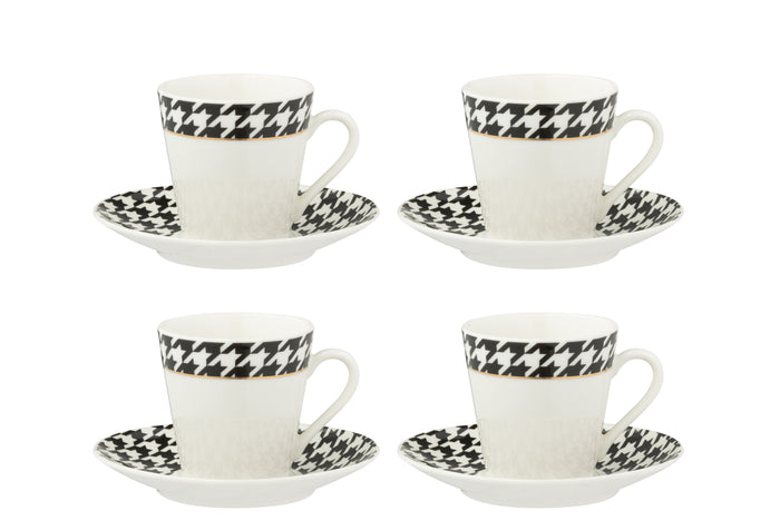 J-Line koffietas + bord Pied-Poule - porselein - wit - doos